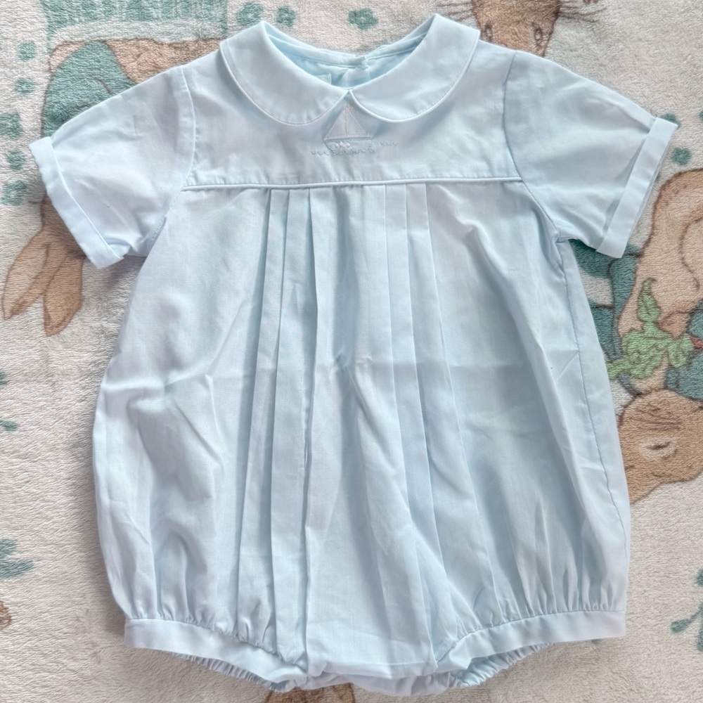 Vintage Baby Boy Sailboat One-piece Blue Embroidered NB